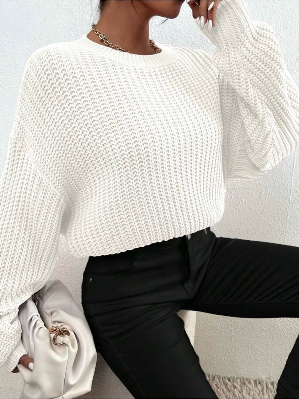 SHEIN Cream Cropped Cowl-Style Knit Sweater